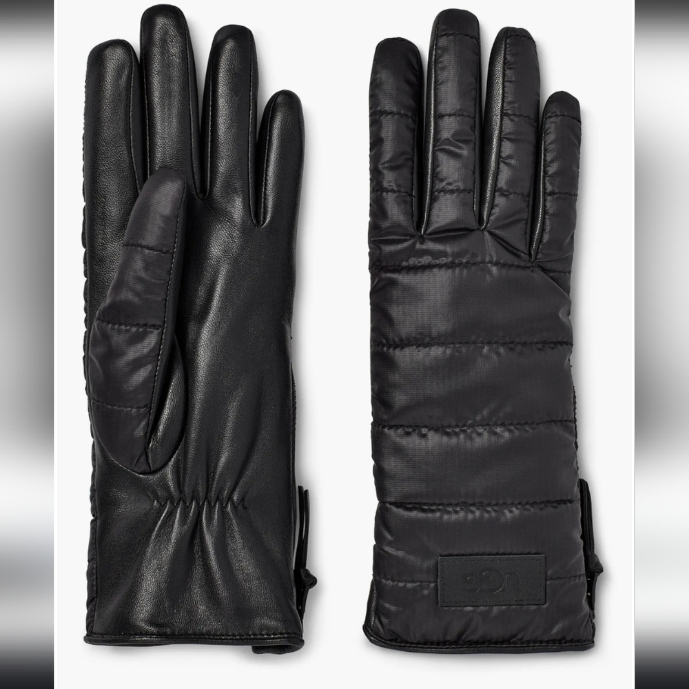 UGG Women's Black  Fur lined Quilted UGG Logo Zippered Gloves Size S/M - Picture 6 of 9